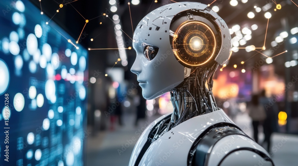 Poster futuristic robot analyzing data in a tech exhibition setting