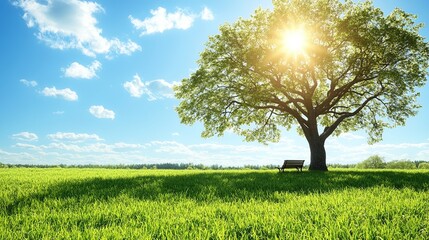 Tree on Green Grass Under a Sunny Blue Sky