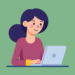 Smiling cartoon girl student studying with a laptop and books, an illustration of a young woman using computer technology for education
