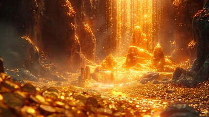 Enchanted cave filled with shimmering gold coins and a sparkling waterfall, creating a magical atmosphere