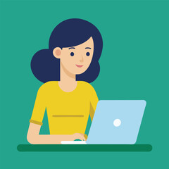 Smiling cartoon girl student studying with a laptop and books, an illustration of a young woman using computer technology for education