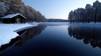 Fototapeta premium Peaceful winter cabin by a frozen lake. Tranquil snowy landscape at dawn