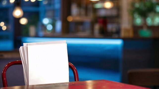 Stack of white paper at table on blurred background of bar counter with space for text.