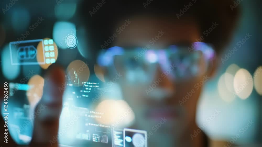 Poster a closeup of a futuristic workspace where a young entrepreneur interacts with a holographic projecti