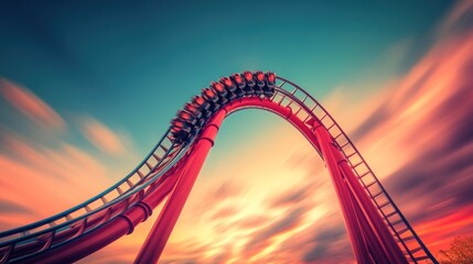 Obraz premium Red roller coaster climbs dramatic sunset sky.
