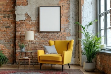 Cozy yellow armchair in a rustic brick room with plants