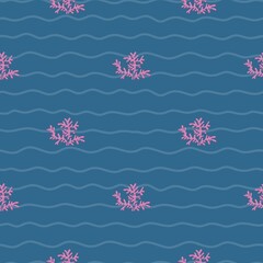 Seamless pattern with hand drawn pink corals on blue wavy lines. Perfect for textile, fabric, wrapping, home decoration, bedding, beauty product packaging, backdrop, wall hanging, clothing, swimwear