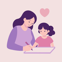 Mother and daughter drawing illustration vector image family time education concept. Happy Mothers Day illustration..