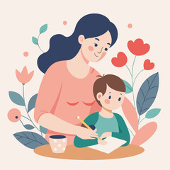 Illustration of mother assisting child with drawing creative learning activity. Happy Mothers Day illustration..