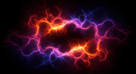 Abstract fractal design features a glowing, square-shaped frame of intertwined, fiery orange and vibrant blue tendrils against a dark background