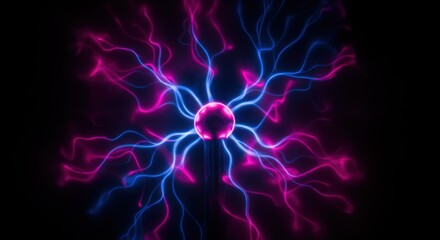 A close-up shot of a plasma ball with vibrant pink and blue electrical discharges emanating from a central sphere against a dark background