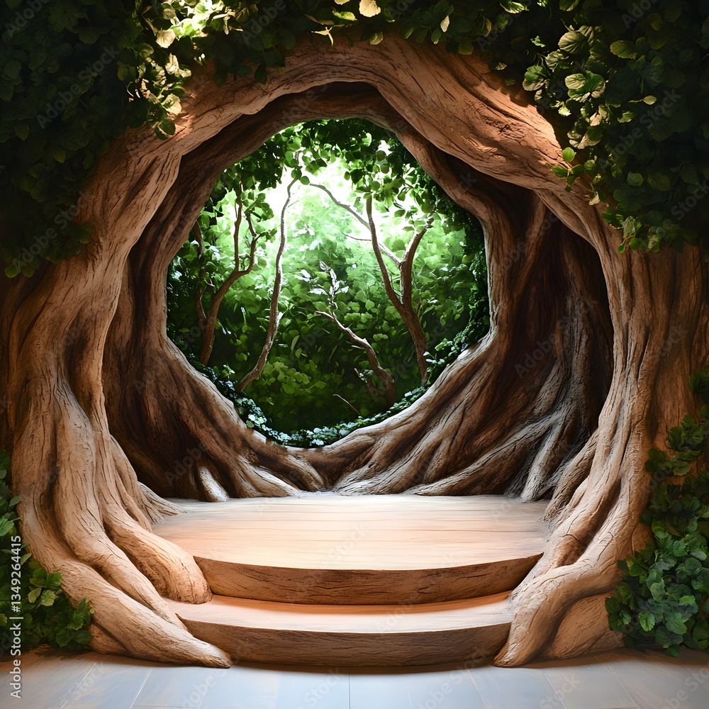 Poster a podium constructed from massive tree roots, set deep within an ancient enchanted forest.
