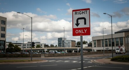Right Turn Only Sign at Intersection Under Cloudy Blue Sky