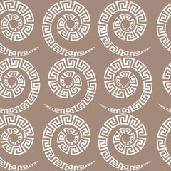 Seamless white pattern of spiral meander on beige pastel background. Oriental or Greek style for typography, fabric printing, curtains, scarves and stoles clothes and interior