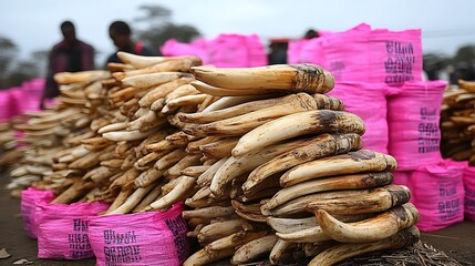 Seized ivory tusks piled high in pink bags.