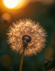 Macro Photography of Delicate Dandelion Seeds Backlit by Golden Hour Light