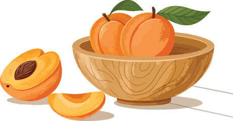 Apricot in wooden bowl with Apricot Slice on table in white background, Apricot vector design