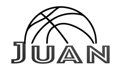 Juan- first name written in sport style and stylized basketball sketch; black color;  vector graphics for banners, cards, sweatshirts, prints, cricut, silhouette, sublimation
