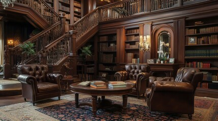 Fototapeta premium Luxurious library interior with grand staircase, leather armchairs, bookshelves, and antique details.