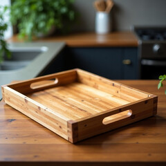 Wooden serving tray on a kitchen counter. Elegant rectangular design with cut-out handles for easy carrying. Perfect for serving or displaying items in a home setting.