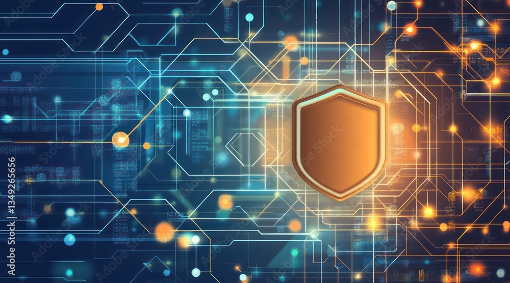 Poster digital shield icon surrounded by glowing circuit patterns in tech backdrop