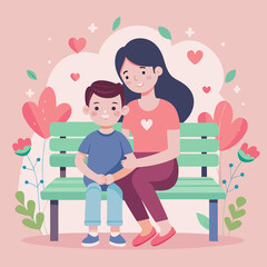 Illustration of mother and son sitting on bench in park vector art design image. Happy Mothers Day illustration..
