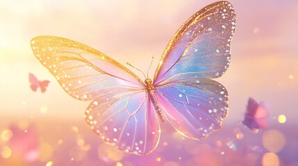  Beautiful pastel colored butterfly with golden wings flying in the air, glowing and sparkling against light background, magical and dreamy scene, fantasy art style