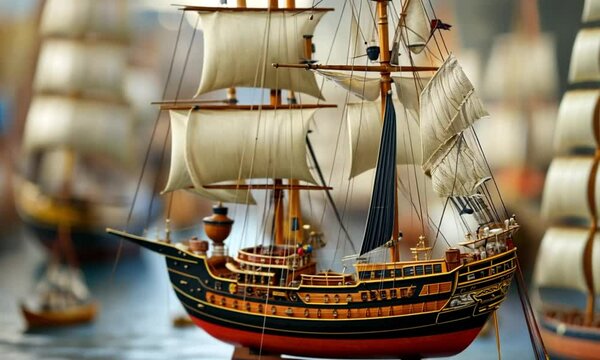 Intricately detailed model of a tall ship with sails, rigged and ready for the sea.