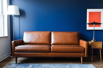 Minimalist interiors, photos of interiors in the living room with blue-finished walls and brown leather sofas. Generative AI
