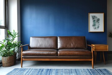 Minimalist interiors, photos of interiors in the living room with blue-finished walls and brown leather sofas. Generative AI
