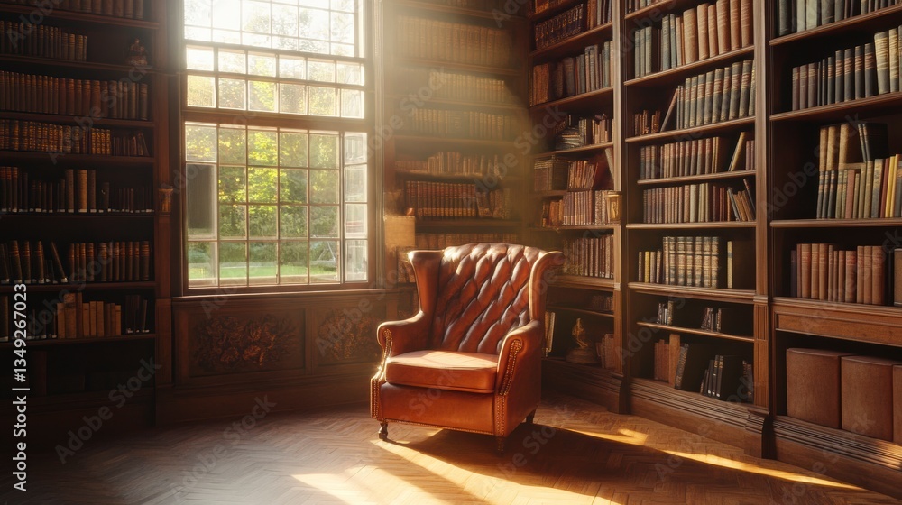 Poster sunlit leather armchair in a classic library with large windows and bookshelves filled with old book