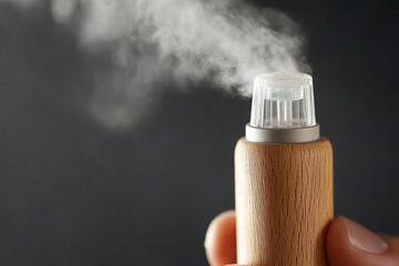 Person uses inhaler to manage asthma symptoms while outdoors during the day in a quiet urban setting