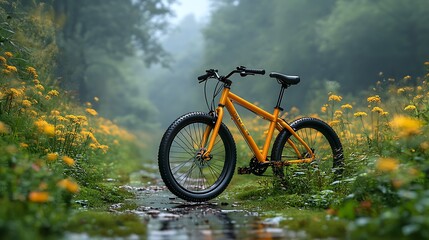 Naklejka premium Orange bike on misty trail.