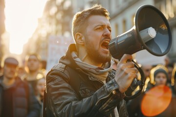 White man using megaphone appliance shouting person.