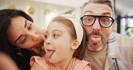 Selfie, goofy and family in home with happy for memory, bonding or social media post together....