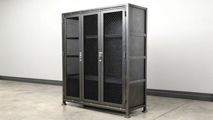 A metal locker-style cabinet with three glass doors, standing on a light-colored floor against a white wall, showcasing industrial design.

