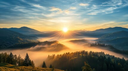 Fototapeta premium Soft sunrise over a fogcovered valley, sunbeams piercing through the mist, creating a dreamy landscape