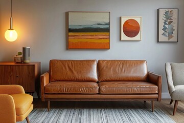 Minimalist Interior Design of the living room with minimalist interior living room, wall with art frame hanging and brown leather sofa and armchair visible and interior lighting. Generative AI
