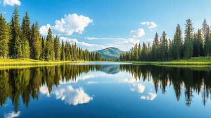 Fototapeta premium Serene lake with crystalclear reflections of a deep blue sky and surrounding pine forest, peaceful nature view