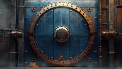 Fototapeta premium Dark Blue Rusted Metal Vault Door with Circular Gear Texture
