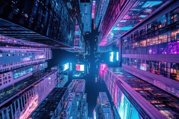 Fototapeta premium Futuristic cyberpunk cityscape with neon lights and towering skyscrapers. Abstract urban nightscape, technology, and digital metropolis concept