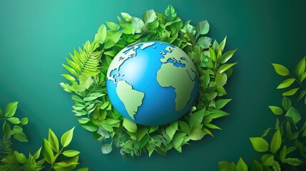 A vibrant globe surrounded by lush green leaves, symbolizing environmental awareness and sustainability