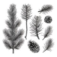 .Illustration of trees, leaves, grass and various botanical elements on a white background.
