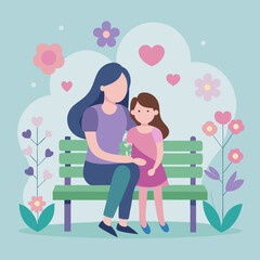 Mother daughter illustration on bench with flowers hearts vector art design idea. Happy Mothers Day illustration..
