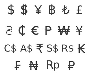 A collection of global currency symbols in a modern flat design with an orange circular background. Ideal for financial and business-related graphics.
