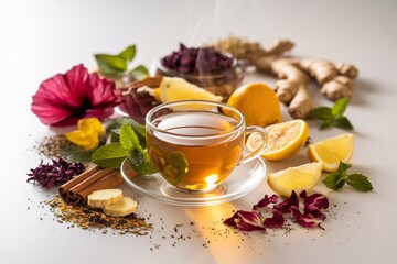 Fototapeta premium Herbal Tea Arrangement Featuring Fresh and Dried Ingredients Including Mint, Ginger, Cinnamon, and Star Anise isolated on white 