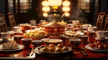 Naklejka premium A Sumptuous Chinese New Year Feast: A Table Abundant with Traditional Dishes and Delectable Treats
