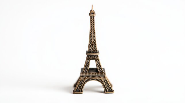 Miniature Eiffel Tower model on white background.