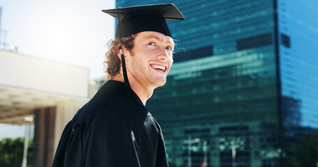 Graduation, ideas and student with man outdoor for celebration or education event. Future,...
