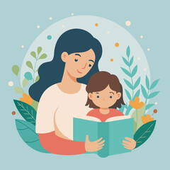 Illustration of mother reading book to child family time together education learning. Happy Mothers Day illustration..